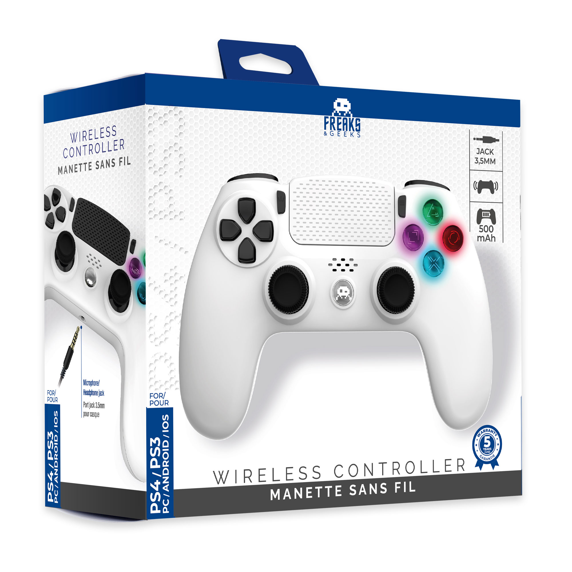 thumbnail secondaire #2 pour Manette Sans Fil Blanche pour PS4 Avec Prise Jack pour casque et boutons lumineux