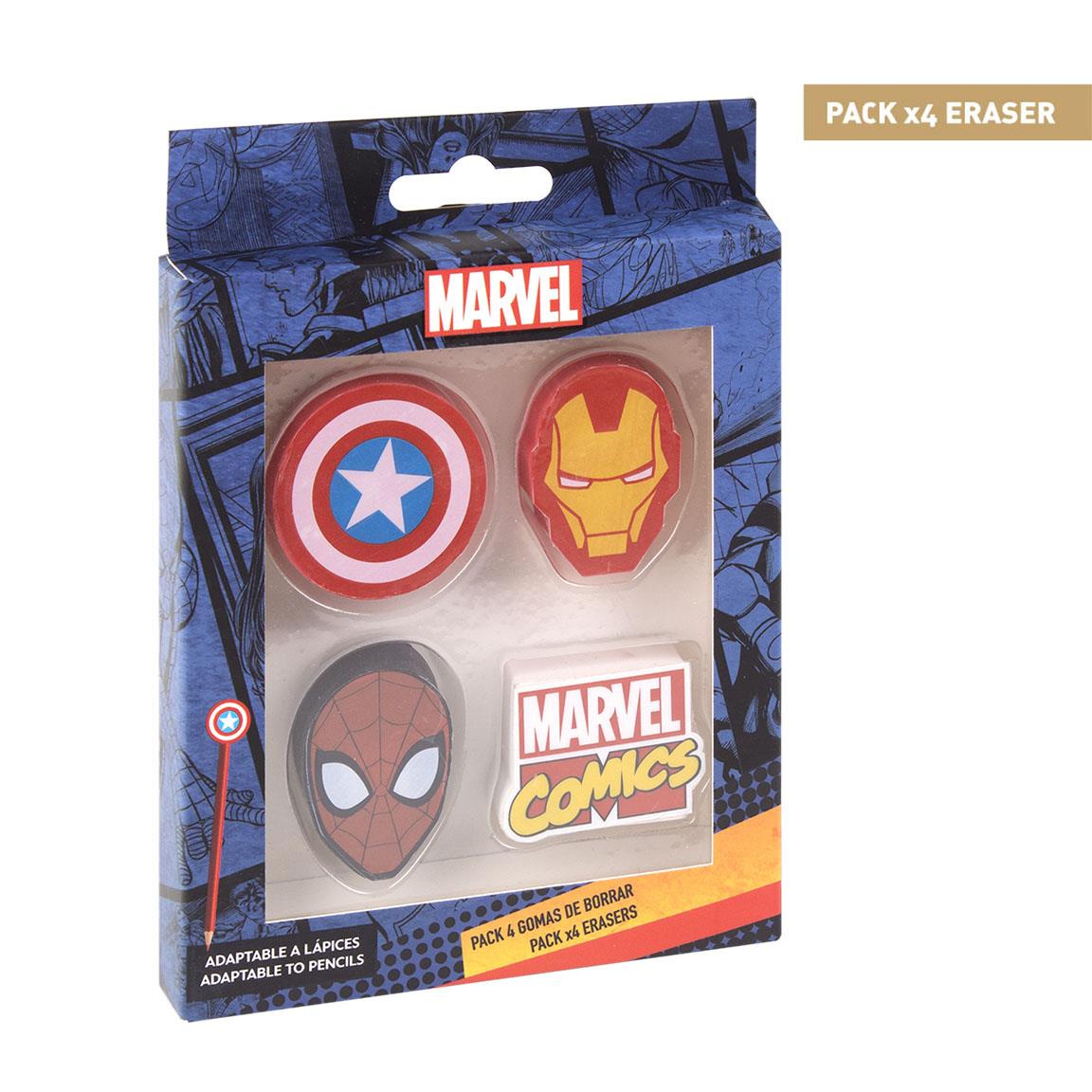 image principale pour MARVEL – 4 Gommes - Ironman, Spiderman, capitaine amérique bouclier, logo marvel
