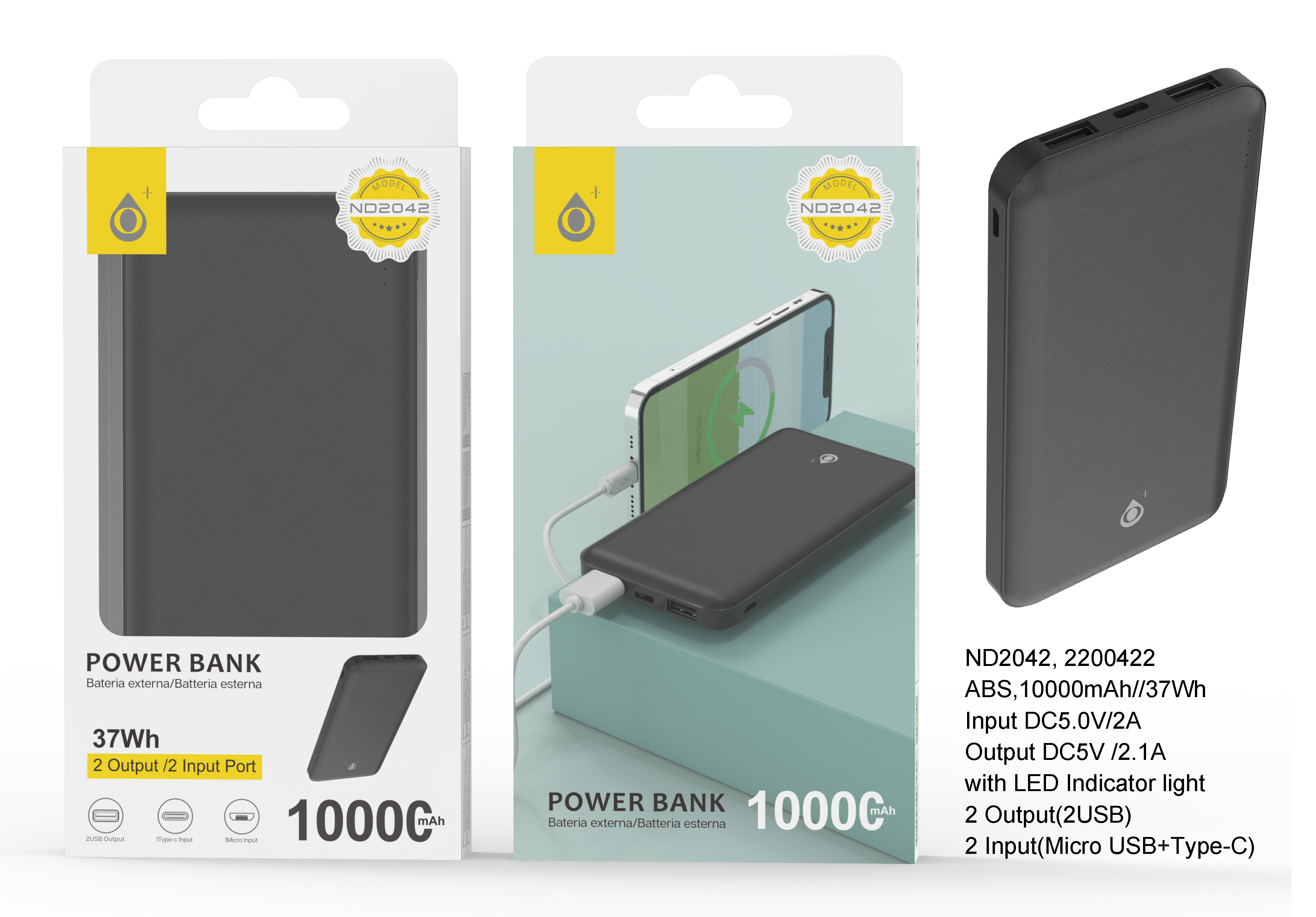 image principale pour Power Bank 10000mAh -Sortie 2 USB- Entrée MicroUSB et Type C-Noir-ND2042