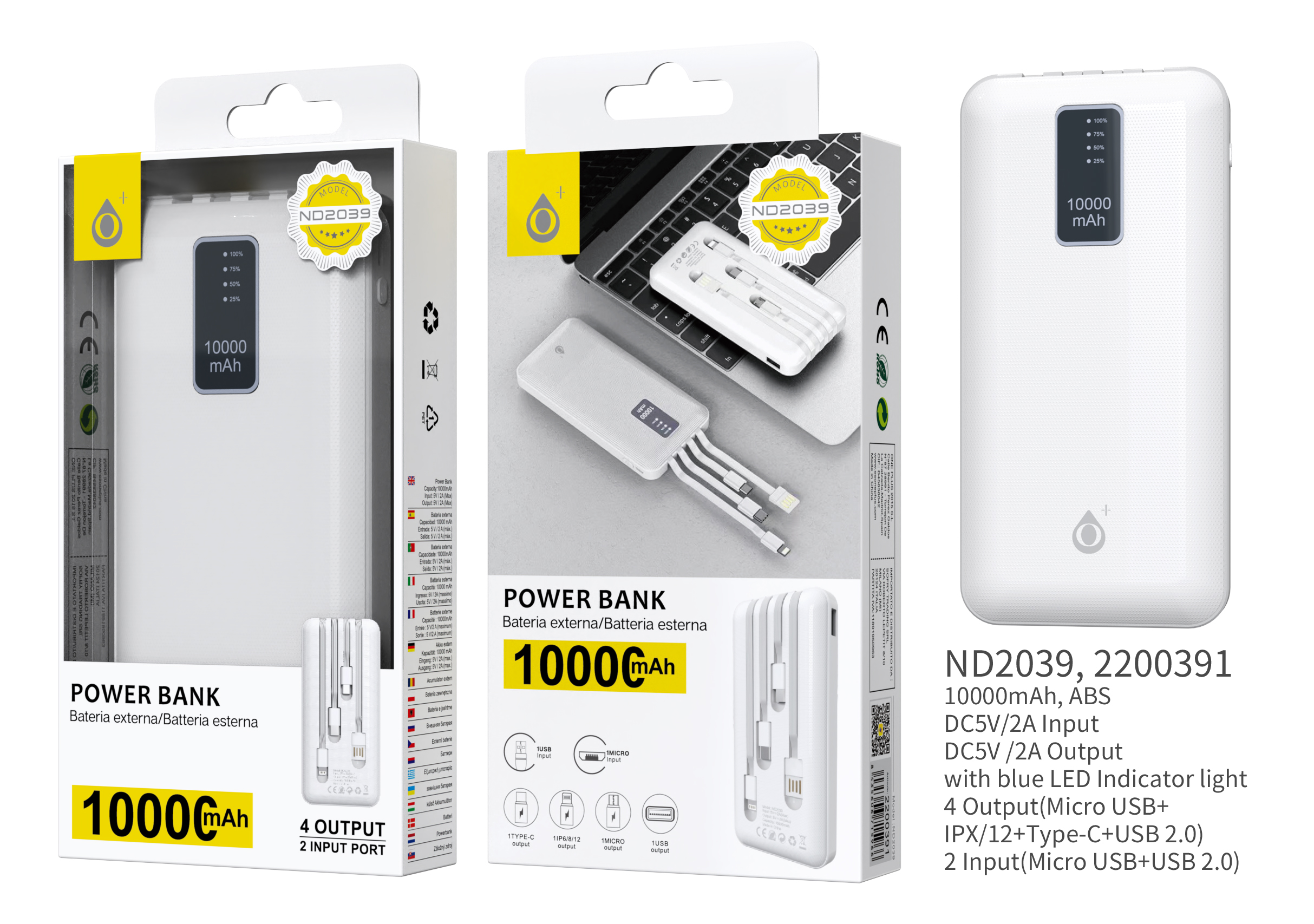 image principale pour Power bank 10000mAh - Micro USB+ IP+ Type-C+ USB+ Led -  ND2039 - Blanc