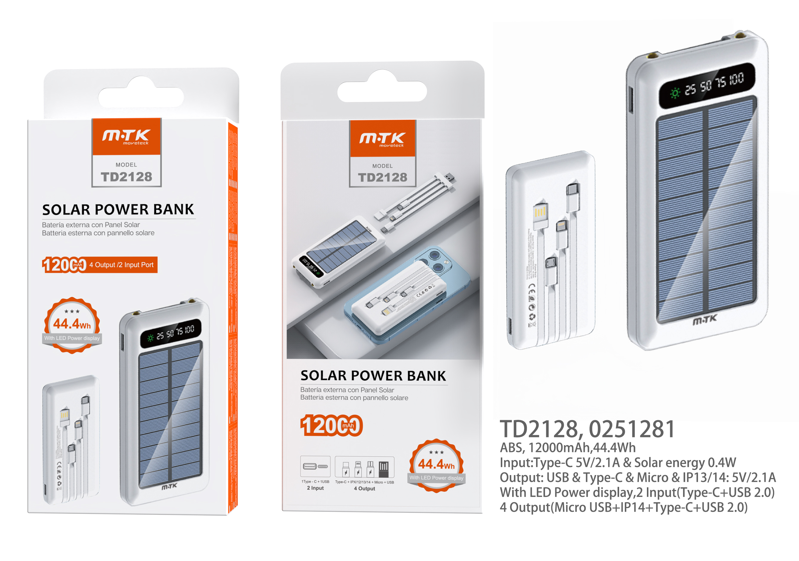 image principale pour Power Bank 12000mAh Panneau Solaire avec cable Micro USB+Iphone+Type-C+USB2-Led-Noir-TD2128