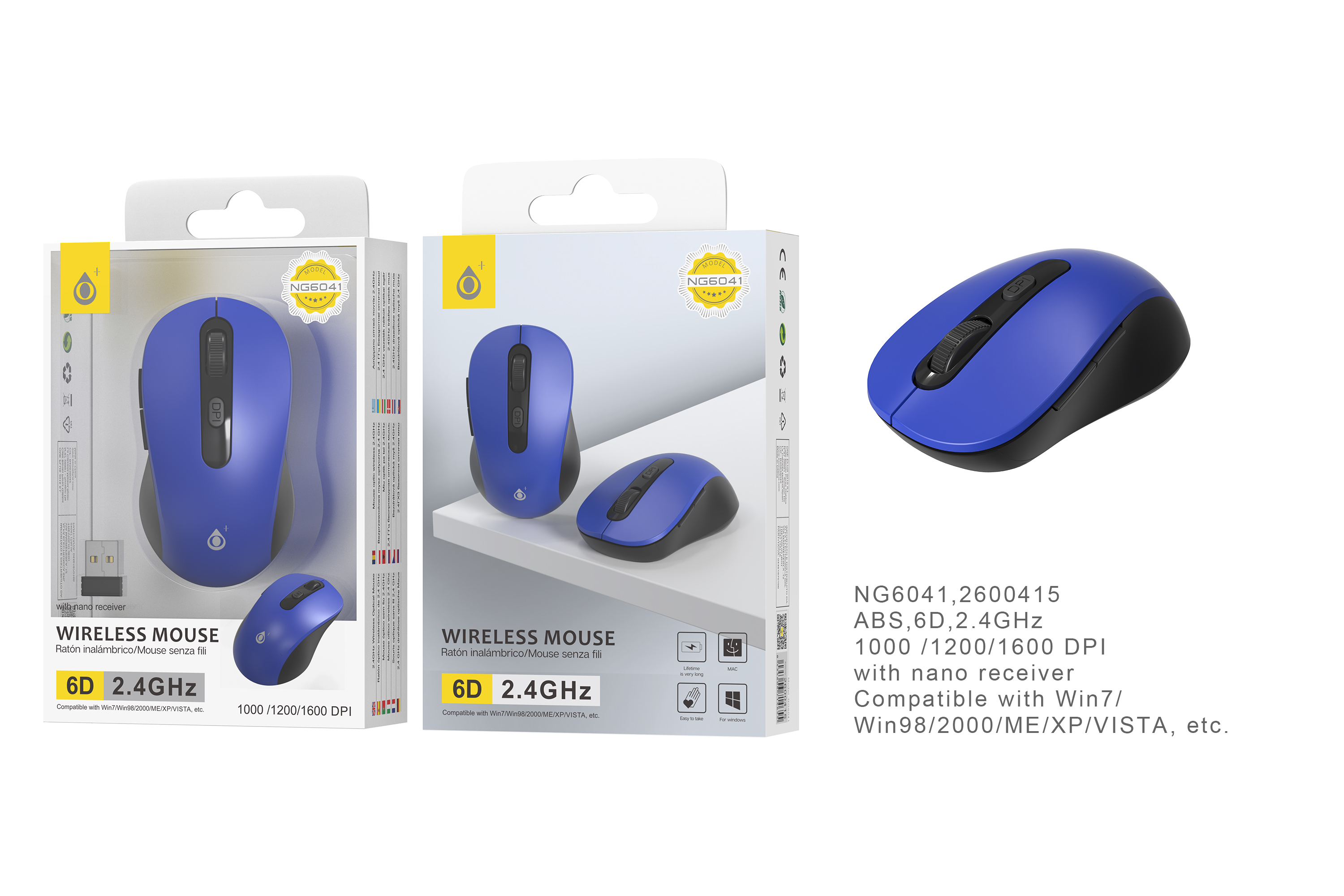 image principale pour Souris Sans Fil 1600DPI - 2,4Ghz - NG6041 - Bleu 