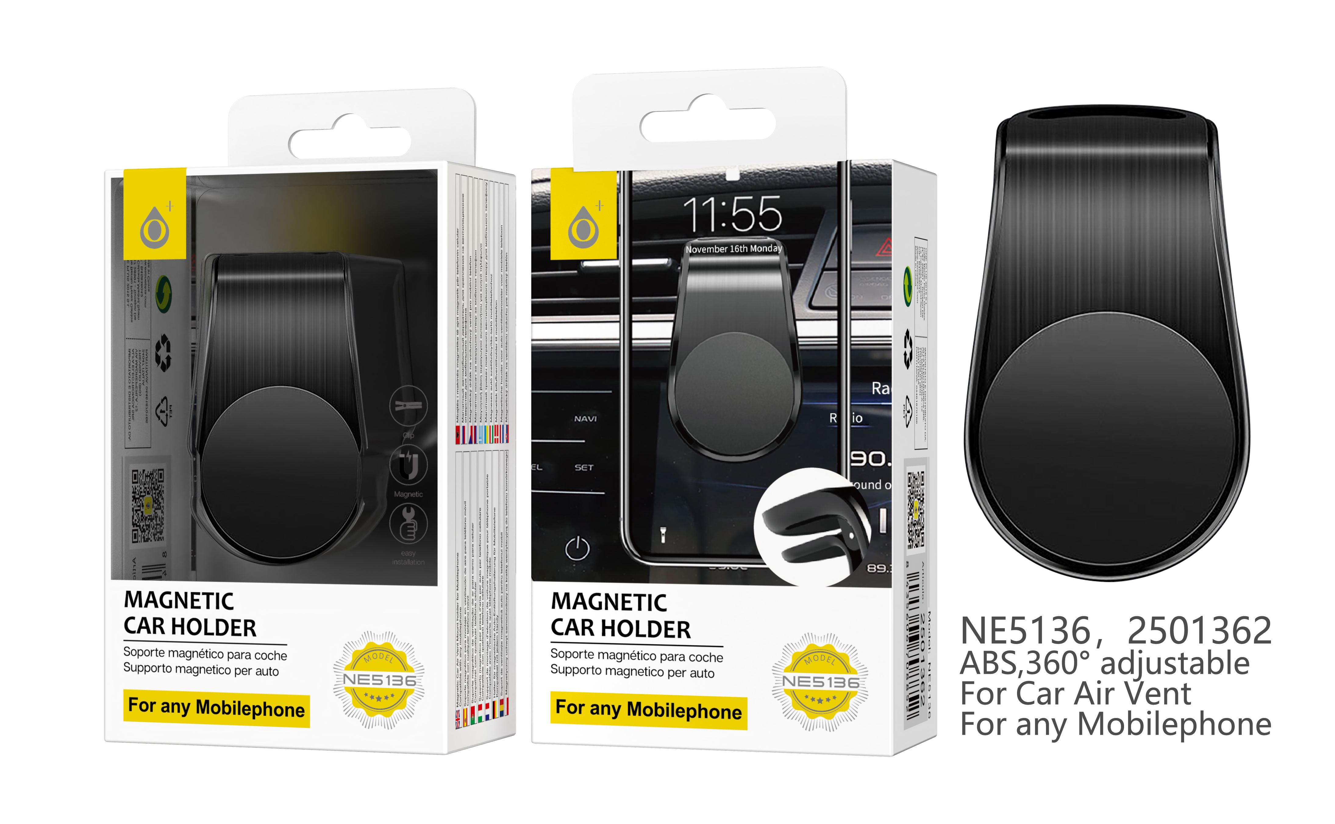 image principale pour Support Universel Magnétique pour Téléphone- Aération Voiture - NE5136 - Noir