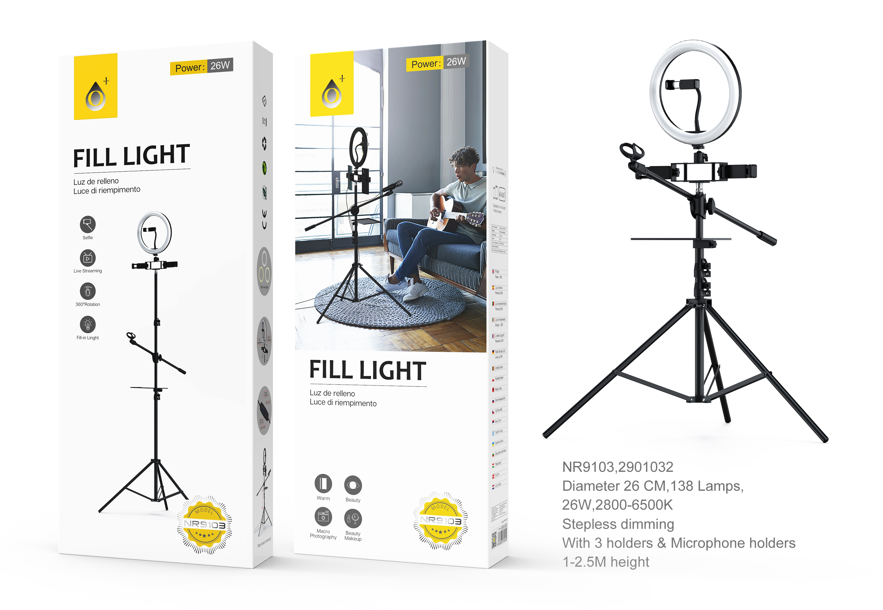 image principale pour Trépied avec LED et 3 Supports Téléphone + 1 Micro- 3 Modes de Lumière- Hauteur de 1 à 2,50M- Noir