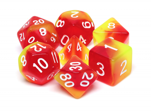  Lot de 7 dés en boîte– Fusion Rouge et Jaune