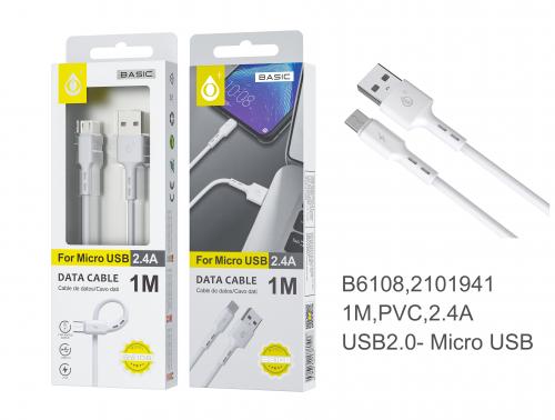 Câble USB charge et transfert de données Micro USB - 2.4A - 1M- B6108 - Blanc