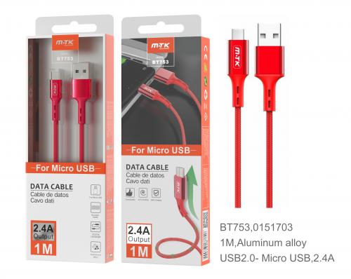 Câble en aluminium micro USB - 1m 2A - BT753 Rouge