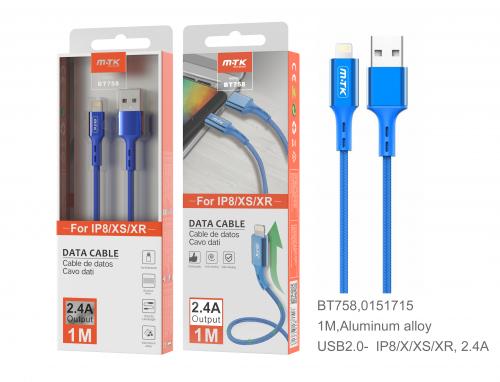 image principale pour Câble en aluminium pour IPhone- 1m 2A - BT758 Bleu