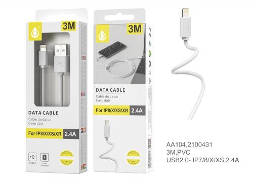 Câble pour Iphone 7/8/X/XS - 2,4A - 3M - AA104 - Blanc