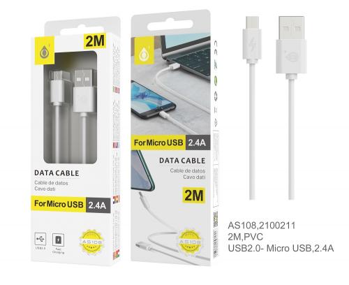 Câble de Charge Micro USB  - USB 2.0, 2.4 A, 2M,  Blanc 
