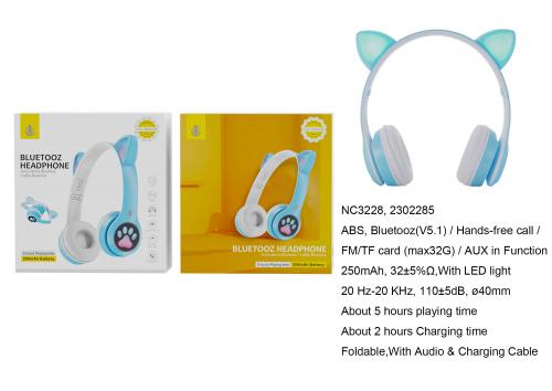 image principale pour Casque bluetooth pliable- Oreille de chat LED- NC3228- Bleu