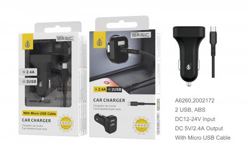 Chargeur Allume Cigare pour Micro USB 2.4 A- A6260 Noir