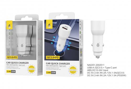 image Chargeur Allume Cigare-Type C + USB, 3.4A–Blanc-NA0251