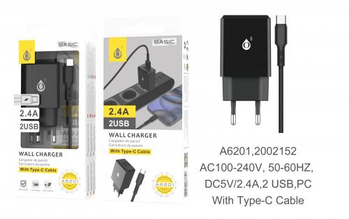 image Chargeur avec câble Type C, 2 USB , 2.4A - A6201 - Noir