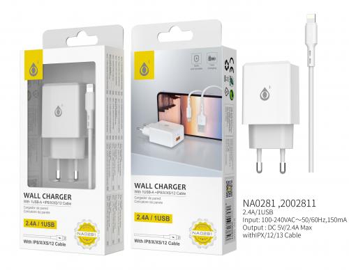 image principale pour Chargeur Avec Câble IP 5 à 13-1USB-2,4A-Blanc-NA0281