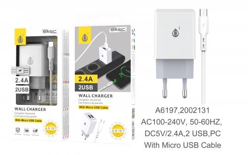 image Chargeur complet avec câble micro USB - 2,4A - 2 ports USB 