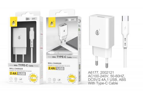 image principale pour Embout secteur avec câble Type C - 1m- 2,4A - A6177 - 1 port - Basic - Blanc 