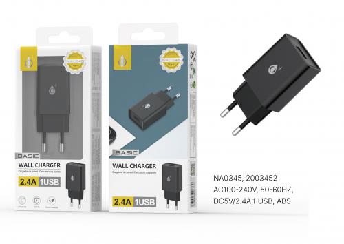 Chargeur Embout Secteur Sans Cable-2,4A-1 USB-Noir-NA0345 S. Basic 