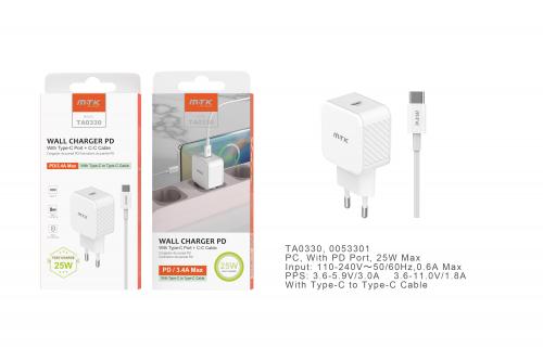 image Chargeur port Type C avec câble Type C- 25W/ 3.4A- Blanc- TA0330