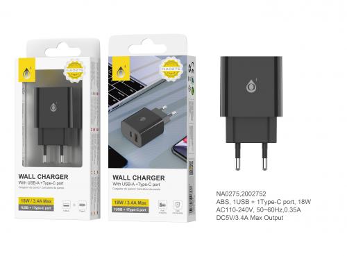 image principale pour Embout Secteur sans câble - port USB et type C 3,4A  -18W- NA0275  - Noir