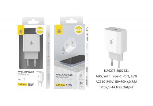 image principale pour Embout Secteur Charge Rapide Type C  - 3.4A max - 18W-Sans Câble -NA0273 - Blanc