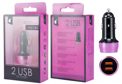 Chargeur voiture USB 2 ports Noir et Rose A6146
