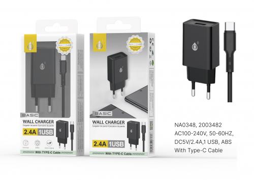 image Embout Secteur Avec Câble Type C-1m-2,4A-1 USB-Noir-NA0348 S. Basic