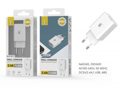 Embout secteur sans câble- 2,4A - 1 port USB - Basic -NA0345 Blanc-
