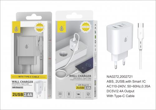 image principale pour Embout Secteur 2USB-A + Câble  Type C pour smartphone - Blanc - NA0272 