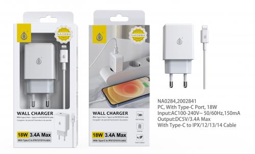 image principale pour Embout Secteur Type C+Câble C à Lightning-18W -3.4A-Blanc-NA0284