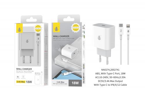 image principale pour Embout Secteur Type C + Câble  Type C à Lightning pour iPhone 5/6/7/8/X/XS/12/13 - 1USB- NA0274 - 18W - 3.1A - Blanc