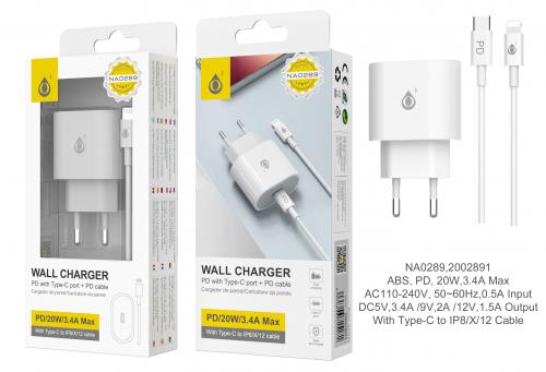 image principale pour Embout Secteur Type C + Câble Type C à Lightning pour iPhone 5/6/7/8/X/XS/12/13 - 20W - 3.1A - 1USB - NA0289 - Blanc