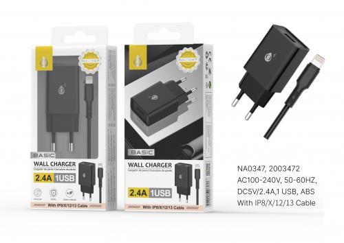 image Embout Secteur USB + Câble pour iPhone 5 à 13 - 2.4A -Noir -S. Basic-NA0347