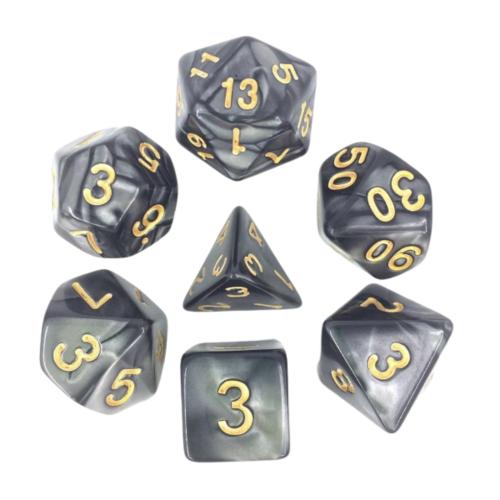 HDP-19 lot de 7 Dés en boîte – 16mm- Noir nacré et or