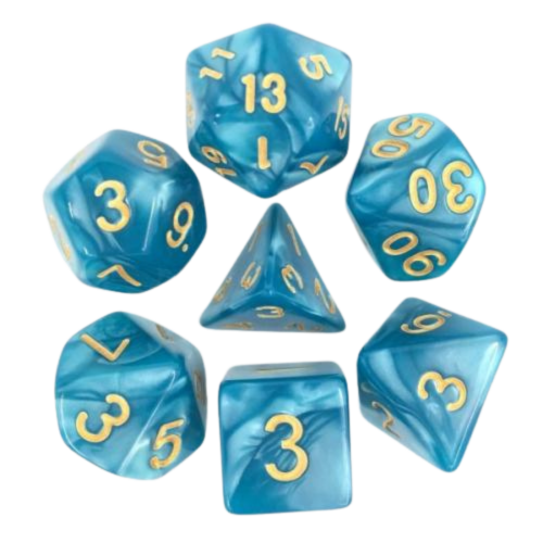 HDP-21 lot de 7 Dés en boîte – 16mm- Bleu nacré et or