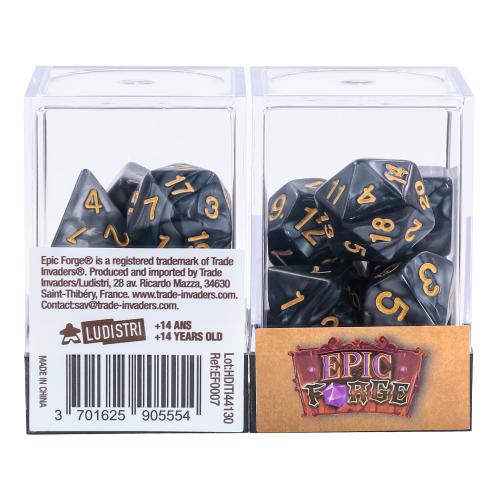 Lot de 7 Dés multiformat en boîte – Noir nacré et or