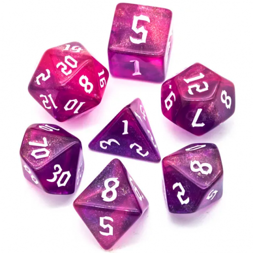 Lot de 7 Dés Resine en boîte - Rose Paillettes