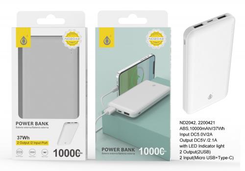 Power Bank 10000mAh -2 USB-sortie MicroUSB et Type C-Blanc-ND2042