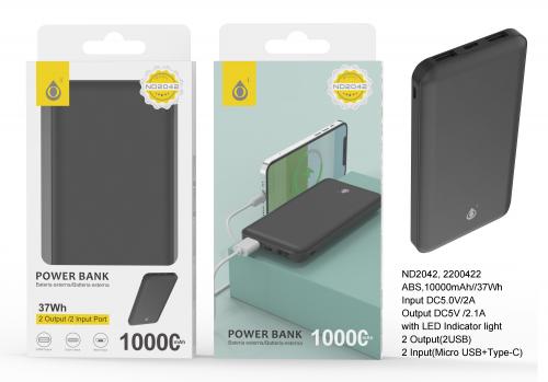 image Power Bank 10000mAh -Sortie 2 USB- Entrée MicroUSB et Type C-Noir-ND2042
