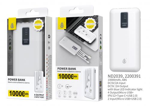 Power bank 10000mAh - Micro USB+ IP+ Type-C+ USB+ Led -  ND2039 - Blanc