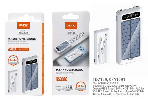 Power Bank 12000mAh Panneau Solaire avec cable Micro USB+Iphone+Type-C+USB2-Led-Noir-