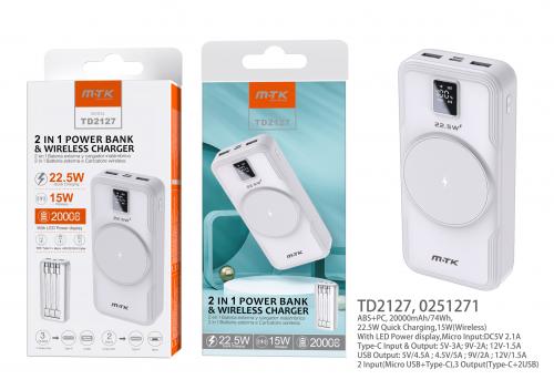 Power Bank 20000mAh et Chargeur Sans Fil - 22,5W-Entree MicroUSB+Type C-Sortie Type C