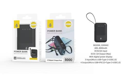 image Power bank 8000mAh 2A Micro USB+Type-C+USB 2.0 - ND2044 - Noir (emballage abîmé)