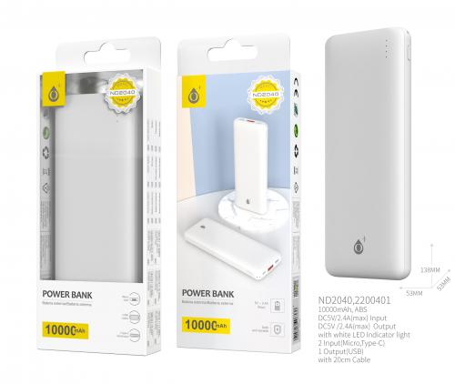 image Power bank 10000mAh - 1 USB + 2 MicroUSB + Type C - LED - ND2040 - Blanc