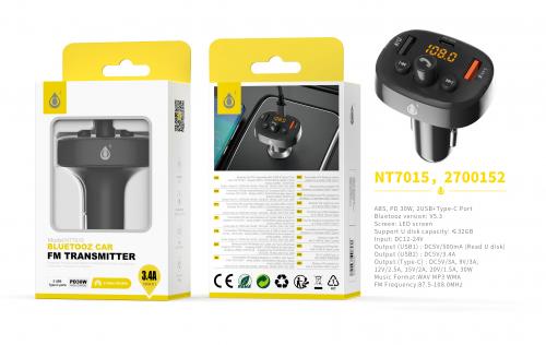 Transmetteur FM Bluetooth-2 Ports USB et 1 Type C 30W-3,4A-NT7015 -Noir