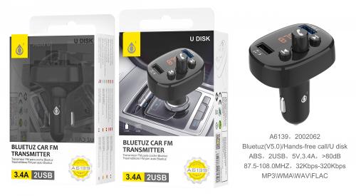 Transmetteur FM bluetooth avec micro - 2 ports USB - 3,4A - Noir
